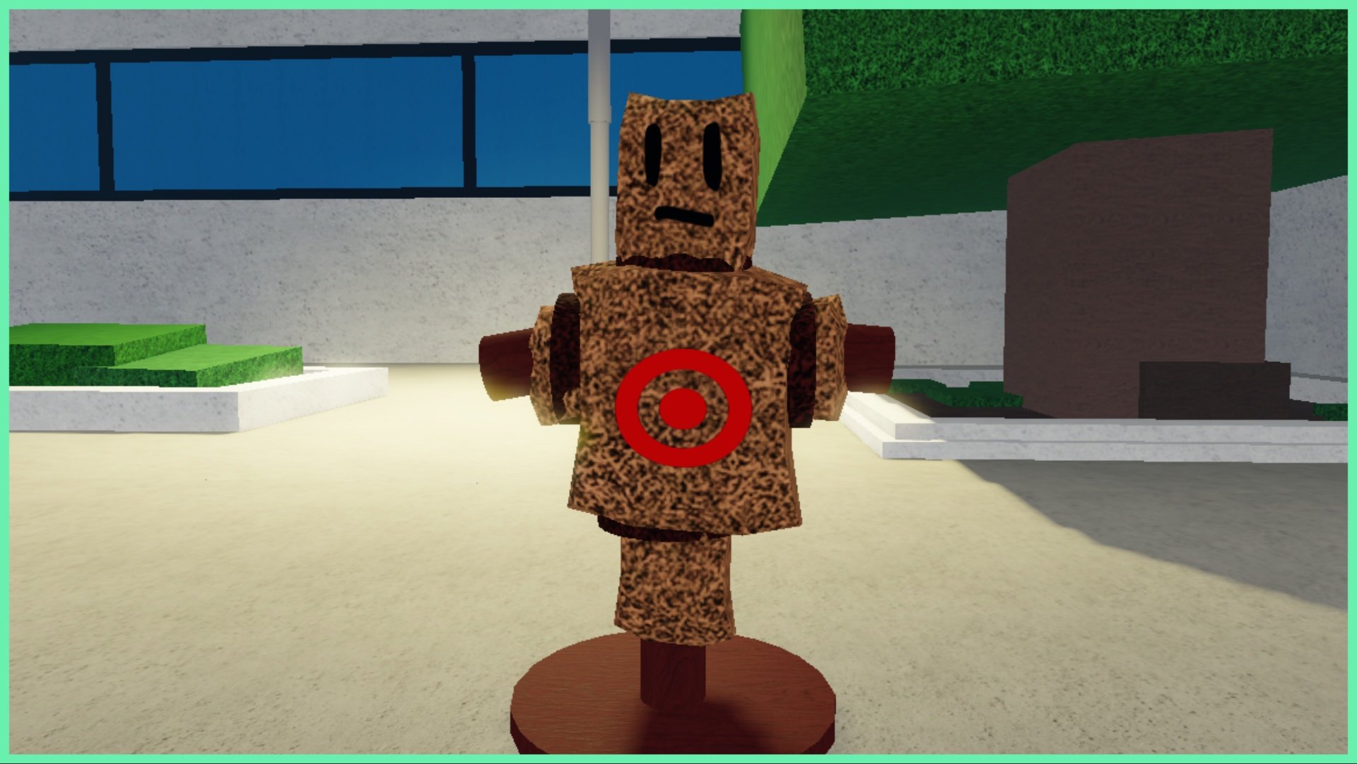 the image shows a training dummy during night time which looks to be made out of cork with a red target on its chest. Behind it is a city building and some trees