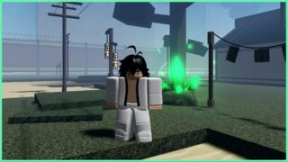 the image shows a tired man in an all white outfit stood in front of a glowing green ore coming out of the ground. Surrounding this is buildings and trees