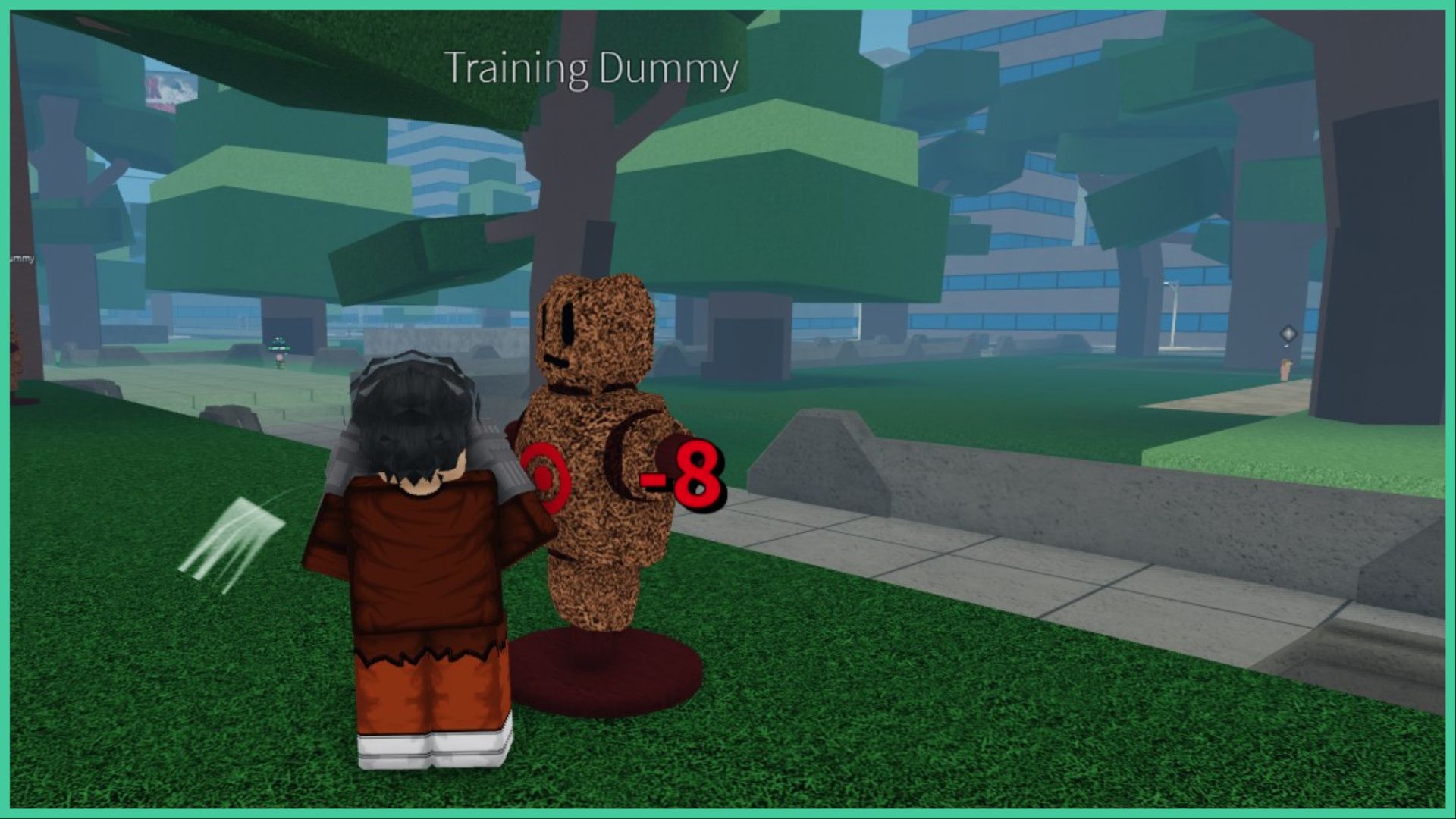 feature image for our project xl evolved abilities guide, the image features a roblox player attacking a dummy with a target on its torso as the player wields iron gloves on their hands, they are surrounded by grassy fields, a stone pavement, and trees, with a city in the distance consisting of tall windowed buildings