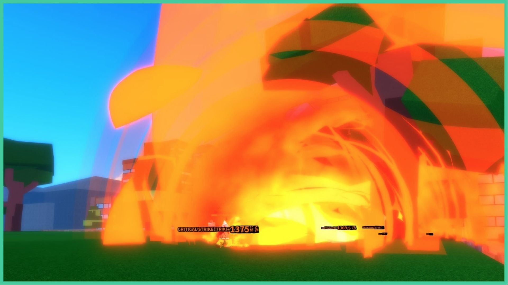 feature image for our project xl sharingan tier list, the image features a screenshot of game with a giant ball of fire exploding over the grass as people fight, there are trees and buildings in the background