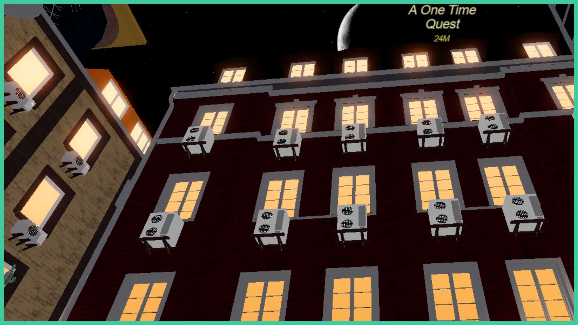 feature image for our robending boss drops guide, the image is a screenshot of two lit up buildings in the main town of the game, with multiple floors and fan systems on the outside brickwork, you can see the moon behind the buildings as well as the quest name written at the top of the screen that reads 'a one time quest', there are also stars in the sky