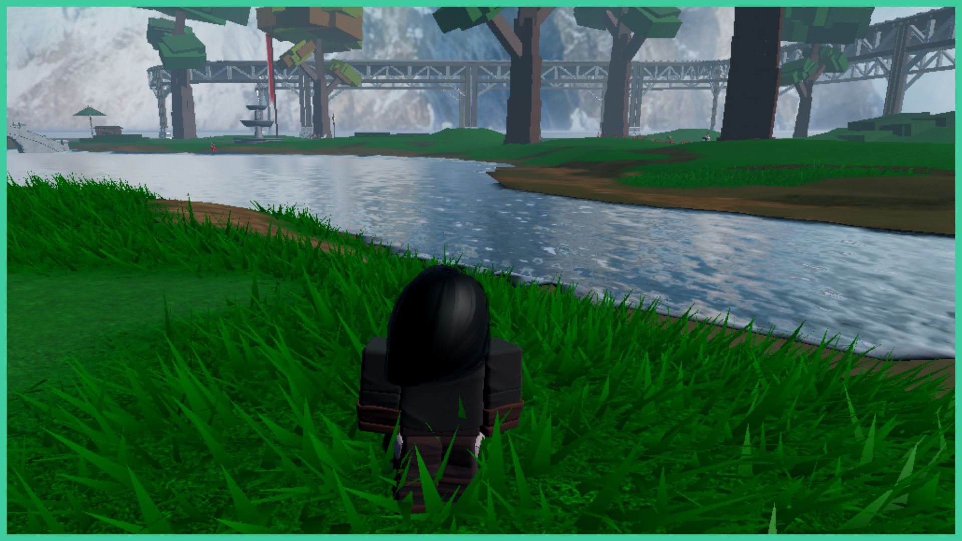 feature image for our robending element tier list, it's a screenshot of a roblox player standing on a patch of grass whilst overlooking the river, as a giant mountain stands in the distance, the grass opposite the river has lots of trees, a stone water fountain, and a structure that looks to be a bridge