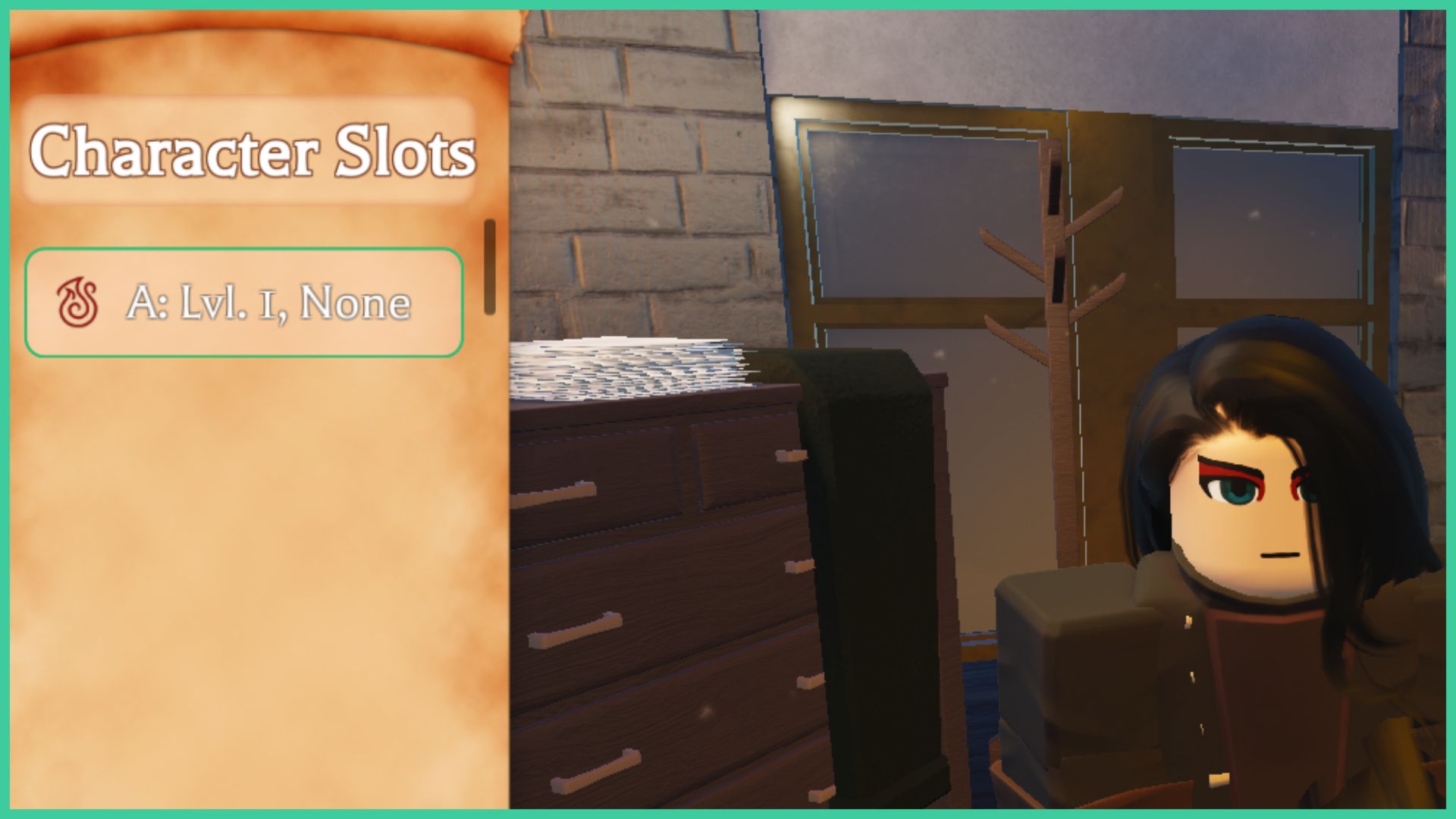 feature image for our robending map guide, it's a screenshot from the start of the game where you load in, as your character stands in a room with a chest of drawers, a coat stand, and a pile of papers, there is a paper scroll to the left that has your save files on it that reads 'character slots'