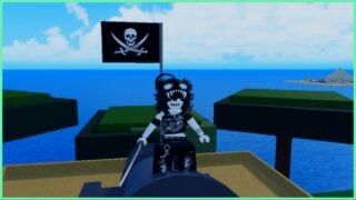 the image shows my avatar with a katana on hand stood in front of a typical black pirate flag with the skull. In the distance behind her is the vast ocean and and island off to the right