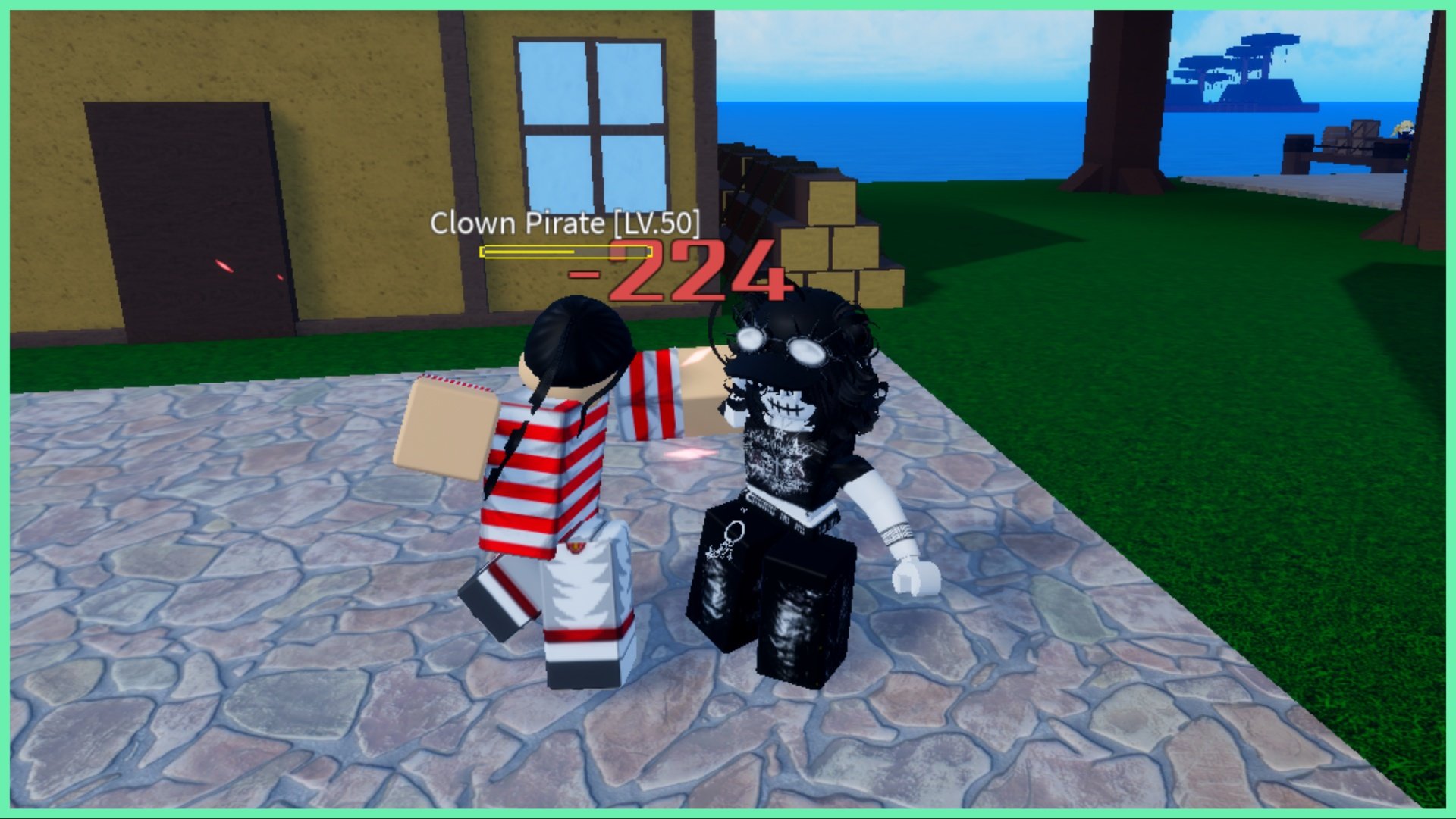 The image shows my avatar in combat with a clown pirate who is throwing a punch towards my character. The surrounding area has buildings, cobbled floors and in the far distance is the ocean