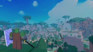 promo screenshot from shadovia of a roblox player standing on a high hill holding a shield and a sword whilst overlooking the open-world, which is full of small buildings in a village, tall rocky mountains, and trees that stretch above the structures with clouds in the blue sky