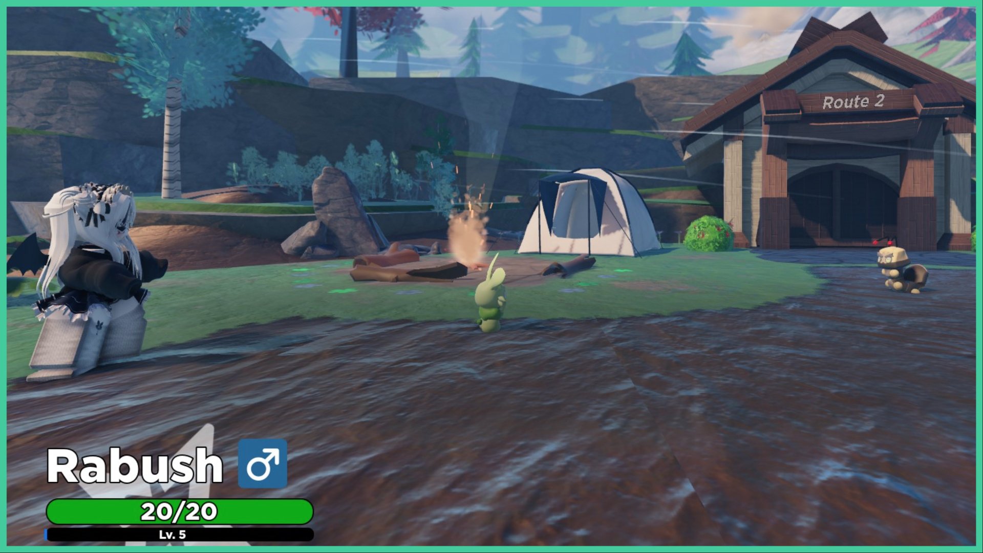 feature image for our shiny hunt starters in tales of tanorio guide, the image features a screenshot of a battle between rabush and another tanorian that looks like a worm made out of rocks, there is a small campsite in the background with a roaring fire, tend, and log benches, as well as a wooden building with a sign that reads 'route 2'