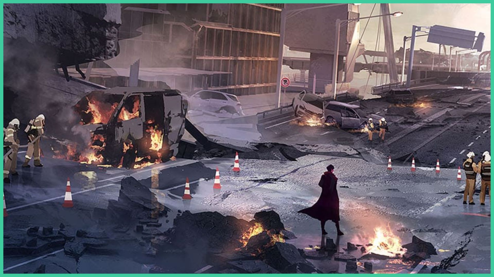 feature image for our solo leveling arise reroll guide, the image is a piece of promo art of sung jin-woo walking across a destroyed city as his coat blows in the wind, there is debris on fire on the ground, a car set alight as firemen try to extinguish the flames, large cracks in the road with abandoned cars, orange traffic cones on the road, and other emergency service staff surveying the area