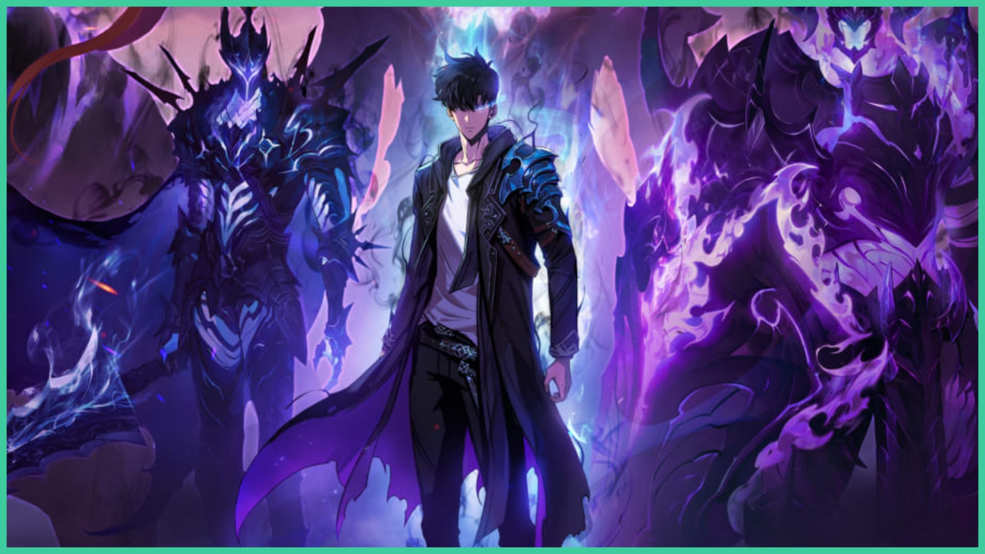 feature image for our solo leveling arise tier list, it is promo art for the game, with the main character sung jin-woo from the franchise with a glowing blue eye as he stands in front of armoured creatures who are glowing, a blue mist is radiating off of him, as purple mist surrounds the creatures behind him
