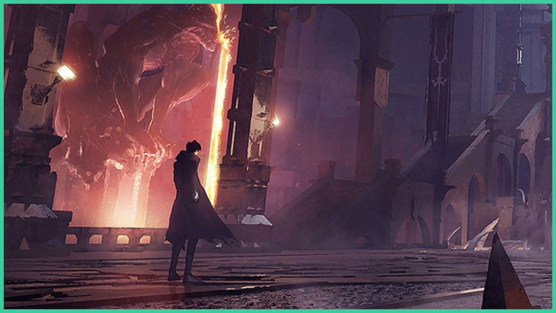 feature image for our solo leveling arise weapon tier list, with promo art for the game of sung jin-woo standing in a stone temple underground, with lava pouring from a giant gargoyle to the left, a large stone staircase going up to an upper level, and an uneven stone floor