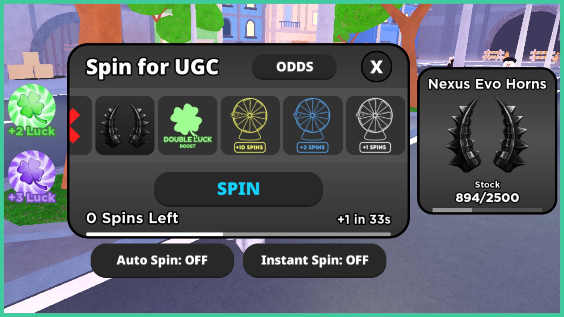 feature image for our spin 4 free ugc codes guide, the image features a screenshot of the spin window with an auto spin button and a instant spin button, the rewards are within the window such as free spins, luck boosts and the UGC item Nexus Evo Horns, behind this spin window there is a city
