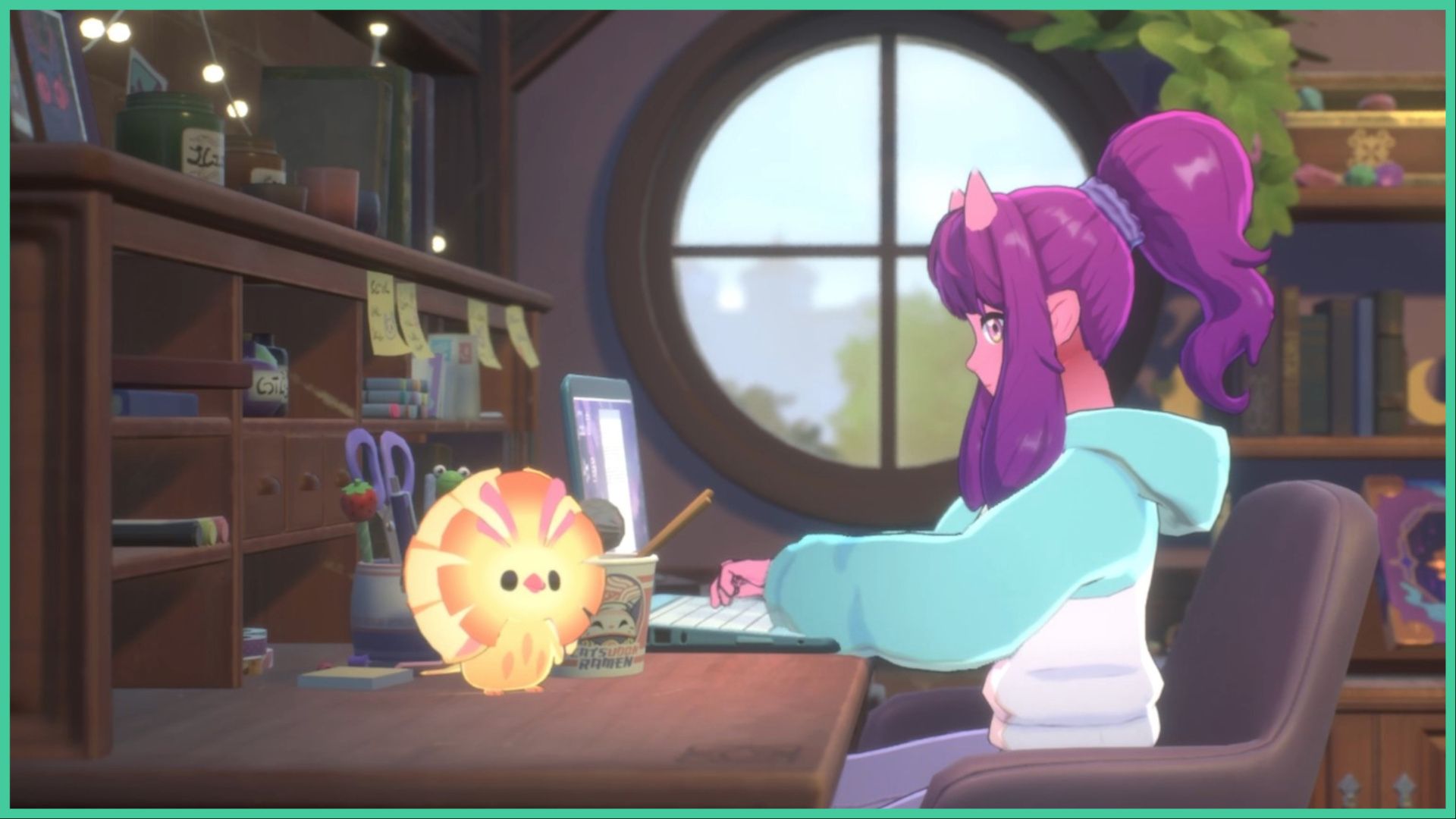 feature image for our spirit city: lofi sessions news, the image features a screenshot from the trailer, of a girl with horns wearing a hoodie and her hair tied into a ponytail as she sits at a desk and studies on her laptop from the side view, she has a cup of noodles to the left of her, as a bird spirit stands on the desk by various studious items such as markers, scissors, and books, there is a bookshelf to the right of the room with ornamients and a row of books