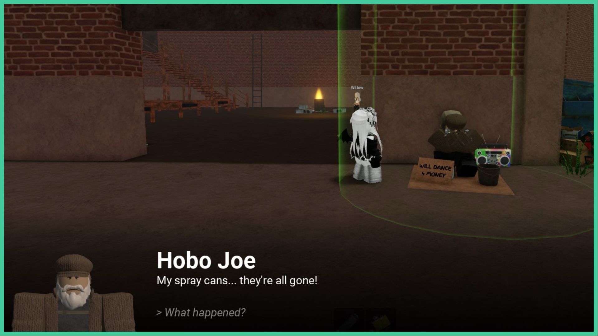 feature image for our spray paint the hunt guide, the image features a screenshot of a roblox player standing next to the NPC hobo joe as he sits on the floor with a bucket, a stereo and a cardboard sign that reads 'will dance 4 money', he has a green light around him as dialogue pops up at the bottom of the screen next to his character portrait that reads 'my spray cans, they're all gone'