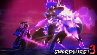 promo image for swordburst 3, which is a screenshot of a roblox player wearing armor and holding a large sword getting ready to attack a giant wolf boss that has glowing purple crystals on its body