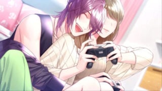 screenshot of nori and akari playing video games together, as he sits behind her and wraps his arms around her as they both hold game controllers, he has his eyes closed while laughing