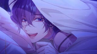 screenshot from sympathy kiss of the character nori smiling as he lays in bed under the bed sheets