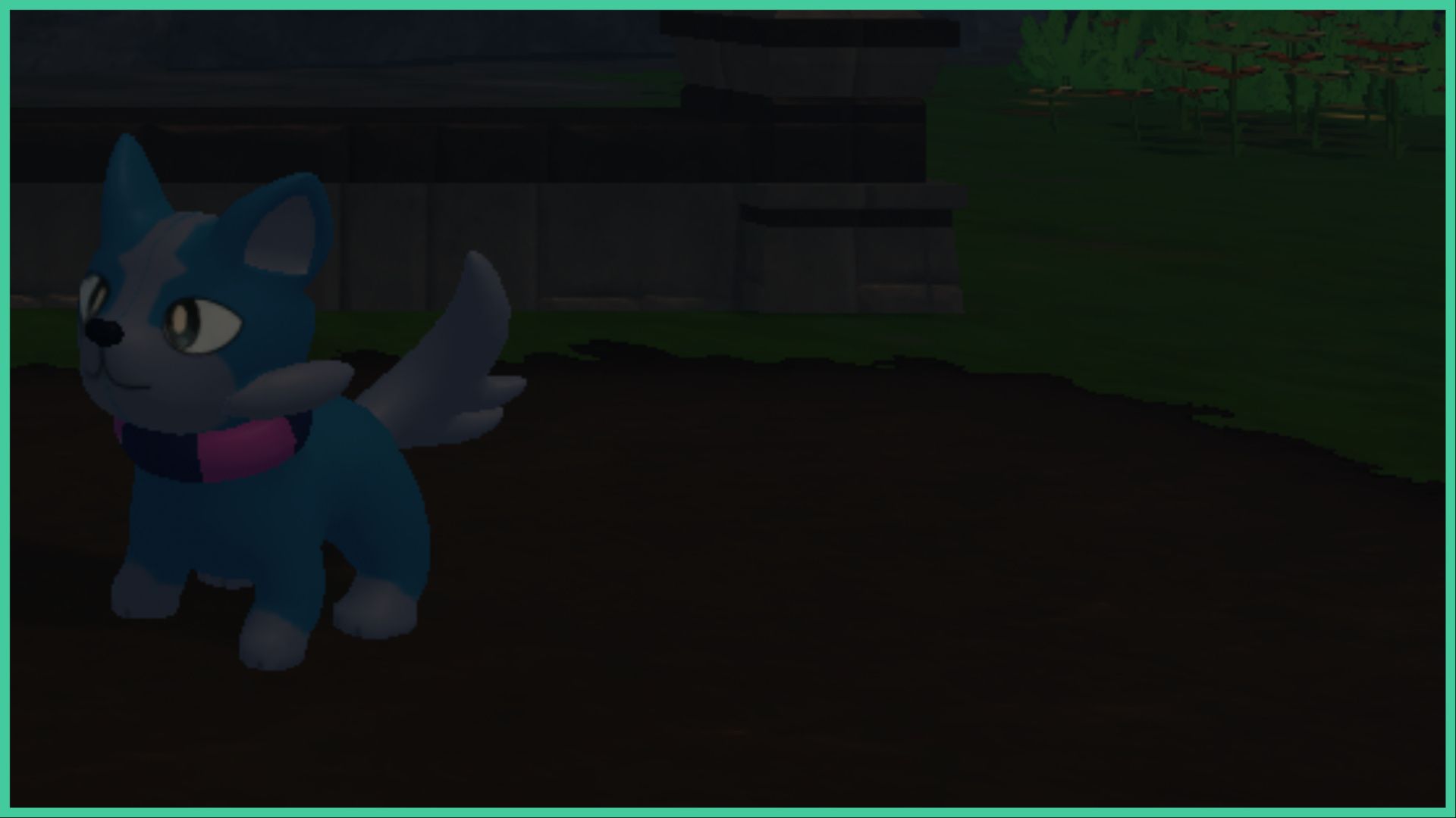 feature image for our tales of tanorio chewaqua evolution guide, the image features a screenshot of chewaqua as it stands in the dirt, surrounded by grass, with some plants in the distance, chewaqua looks like a blue puppy with a fluffy tail and a blue and pink striped collar