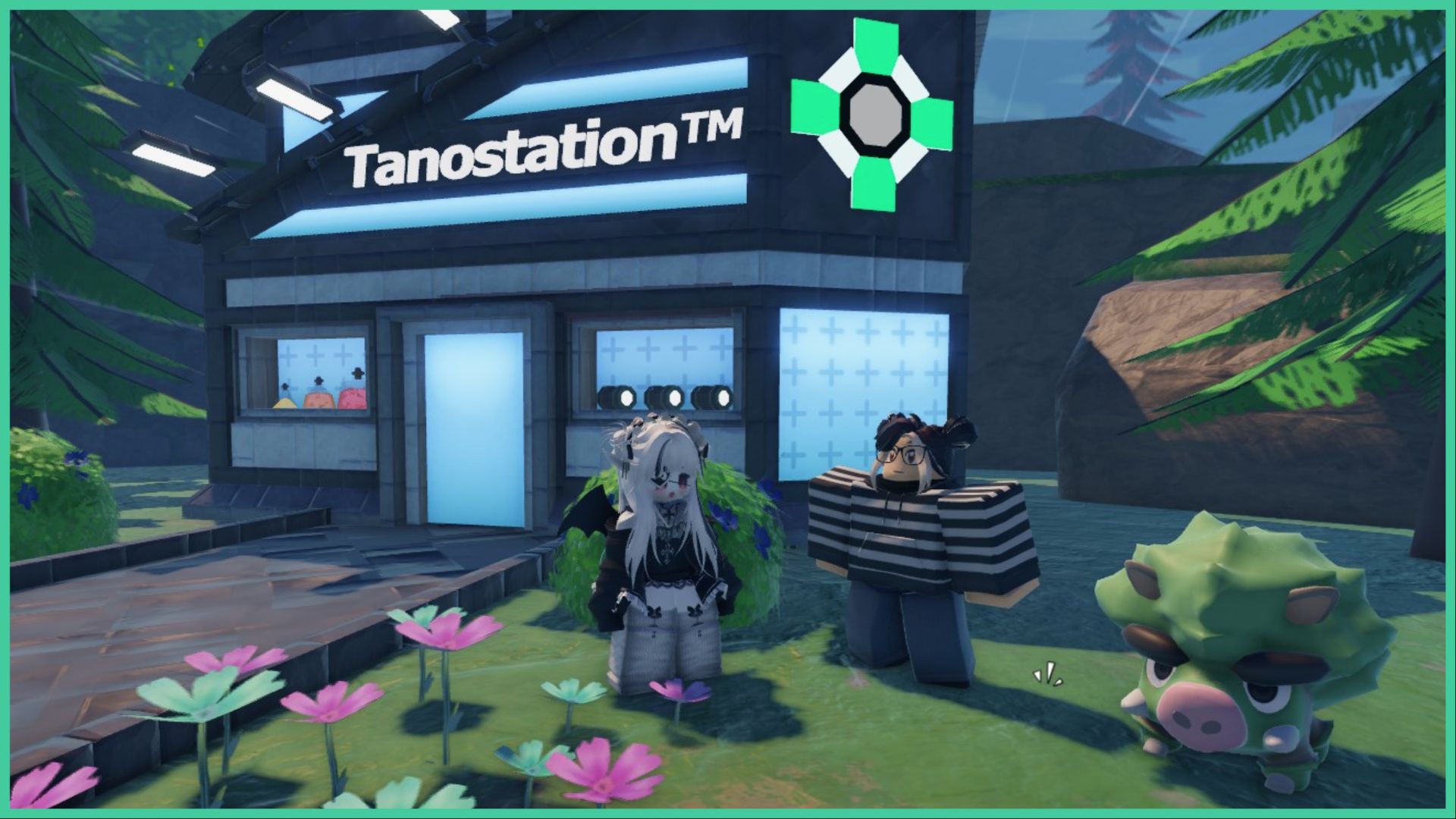 feature image for our tales of tanorio codes guide, the image features a screenshot of the tanostation building with a roblox player outside standing with an NPC in a stripey jumper and glasses who has a bjorkchomp next to her, the grass has some flowers and the stone pathway leading to the tanostation is framed by two trees and flowery bushes