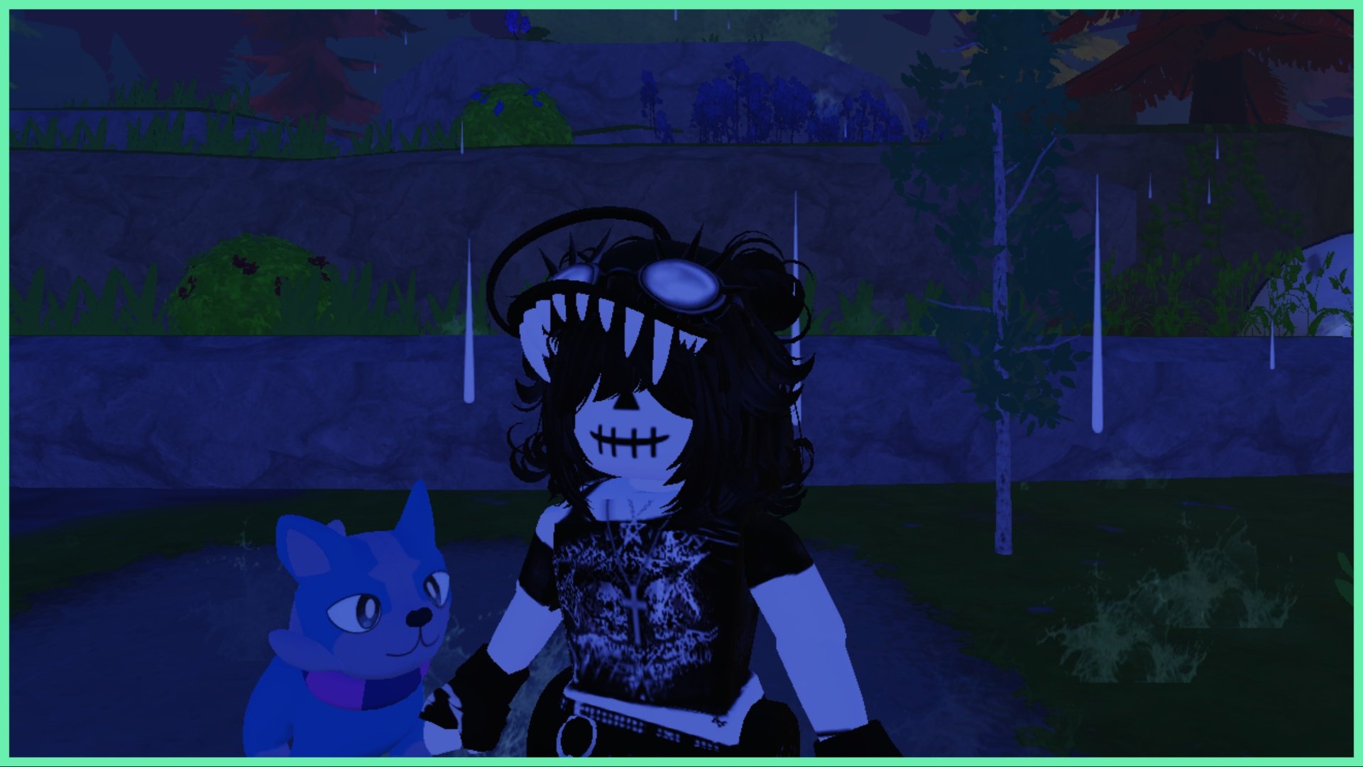 feature image for our event drippo guide which shows my avatar and her chewaqua during rainy weather at nighttime. Behind them are a row of trees and rocks