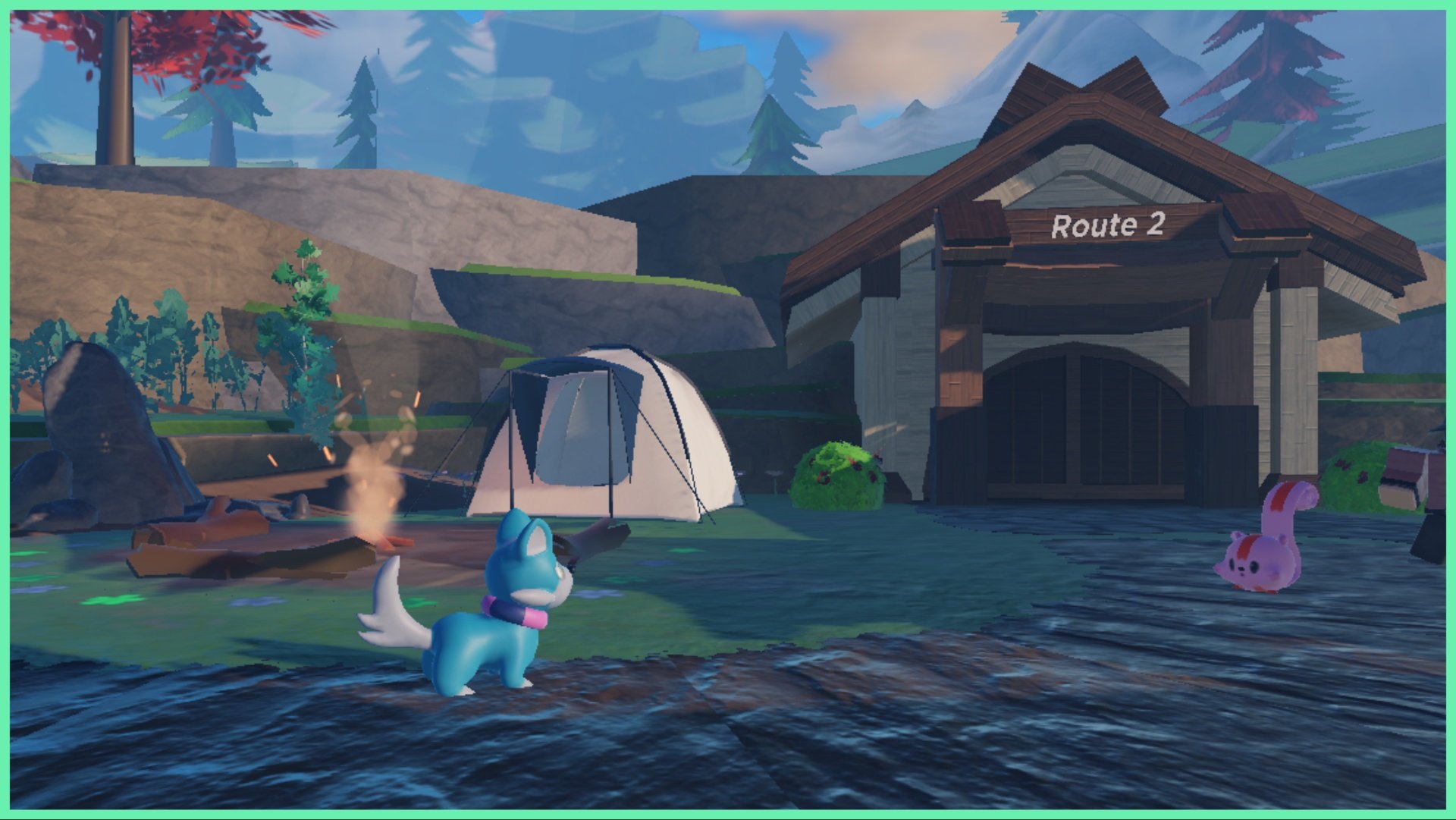 The image shows a cut scene battle between my tanoiran and a fellow trainer npcs tanorian with the route 2 shack in the background as well as a tent. The surrounding scenery is sunny with nice shrubs and greenery