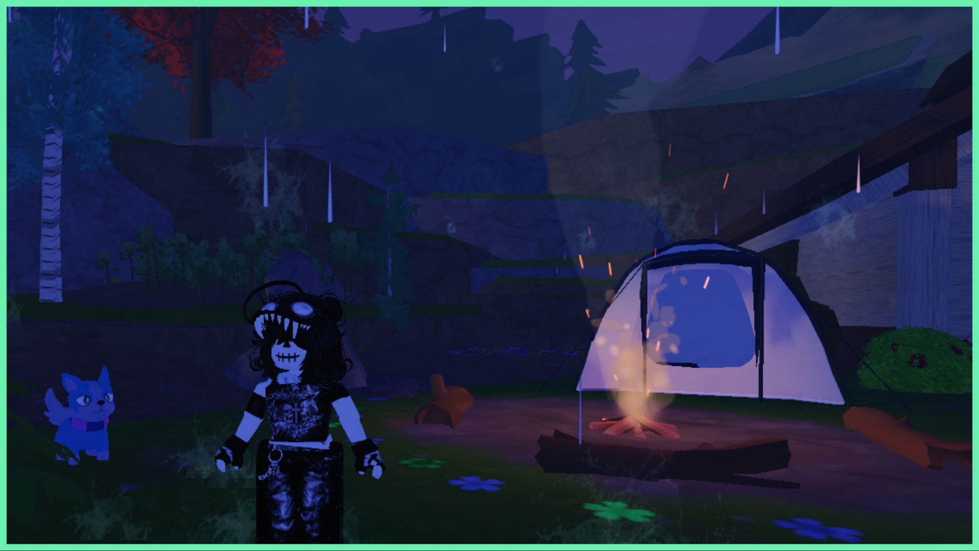 The image shows my avatar stood in front of a tent at night during rainfall with a campfire burning away behind her. Her tanorian is to the left of the screen watching her playfully