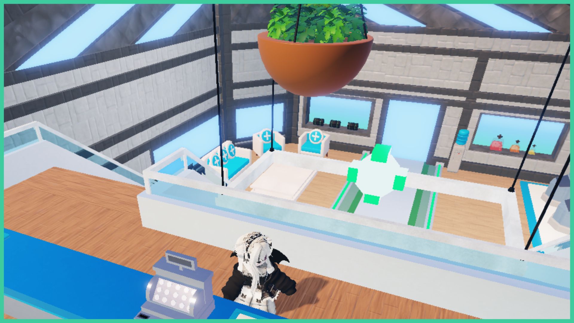 feature image for our tales of tanorio spring hunt event guide. it's a screenshot from inside the tanostation on the top floor as a roblox player stands at a reception desk with a till on the desk, as a hanging plant is suspended from the ceiling, there is seating downstairs close by to the door
