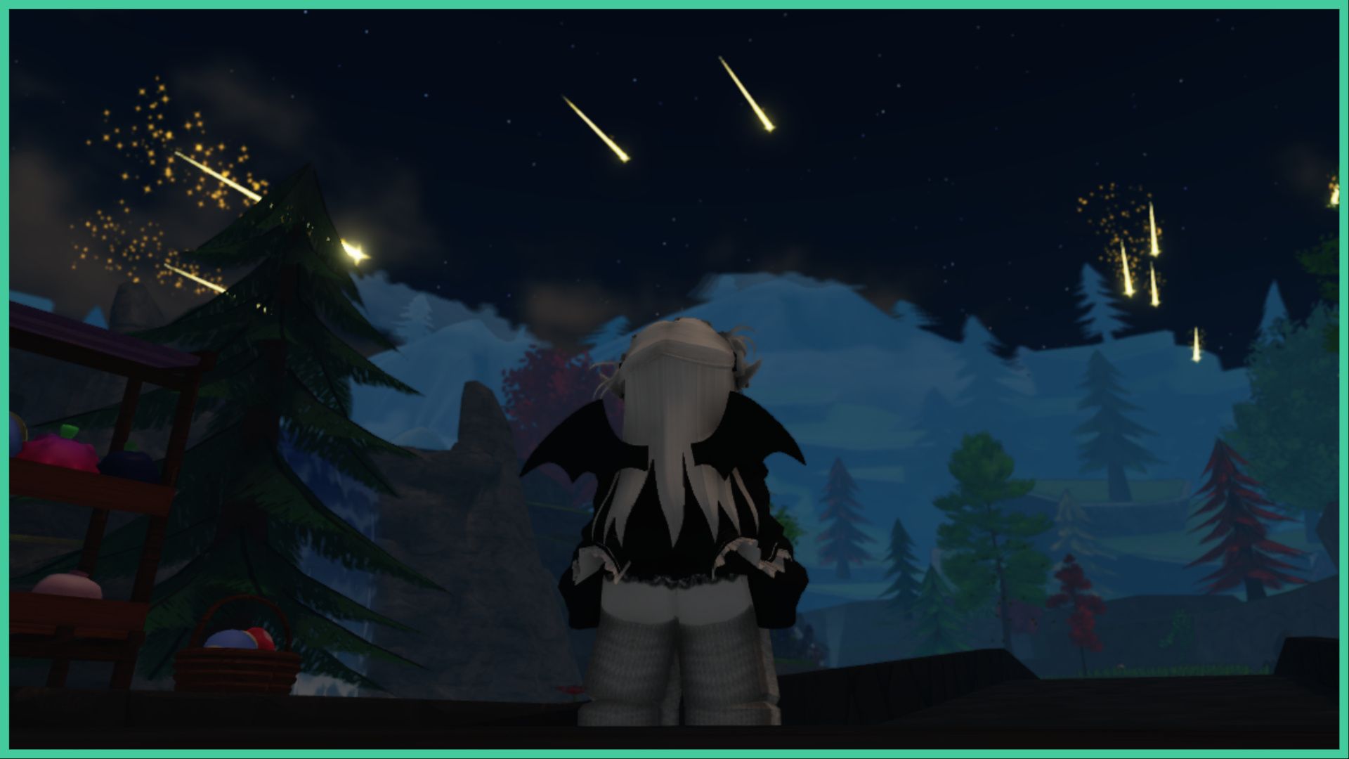 feature image for our tales of tanorio tier list, the image features a screenshot of a roblox player looking up to the sky as glowing shooting stars fly across the dark sky, there are trees covered in mist in the far distance, as a pine tree stands to the left of the player, next to a wooden stall with vegetables and a basket with more vegetables inside