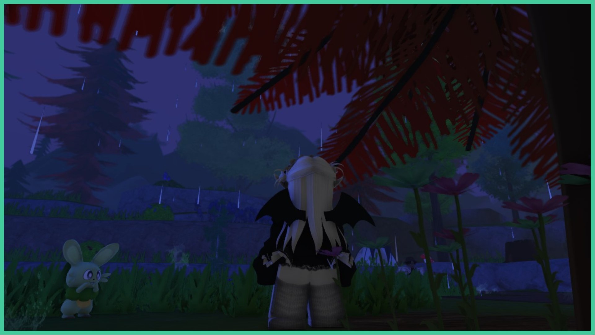 feature image for our tales of tanorio weather guide, the image features a screenshot of a roblox playe standing under a tall tree to shelter from the rain that is falling over the forest of route 2, the tanorian rabush is also standing by the tree, with some flowers to the right