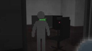 screenshot from terrorbyte of a pixelated faceless man standing by a PC and desk chair, there is a loading bar on the pc screen as everything has a pixelated edge to it, the walls are blank with no decorations