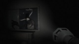 promo image for the cabin of a cryptid with deer antlers standing at the window and reaching their long arms and hands inside as the player holds a flashlight toward them to light up the area