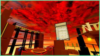 the image shows the map from untitled tag game which has a funky swirled red sky and a bunch of platforms for players to parkour and jump across