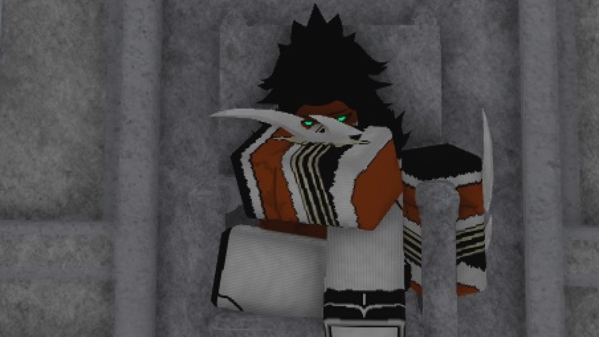 A Hollow character from Roblox game Type Soul sitting down with the Grimmjow Claws equipped.