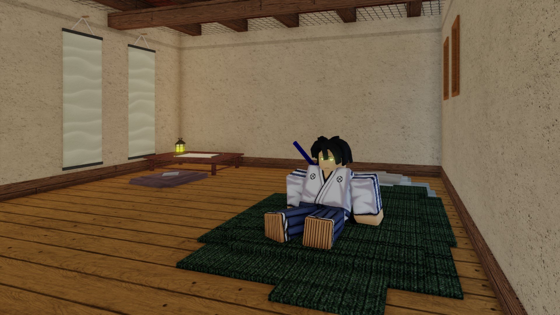 A character from Roblox game Type Soul sitting down on a futon on the floor.