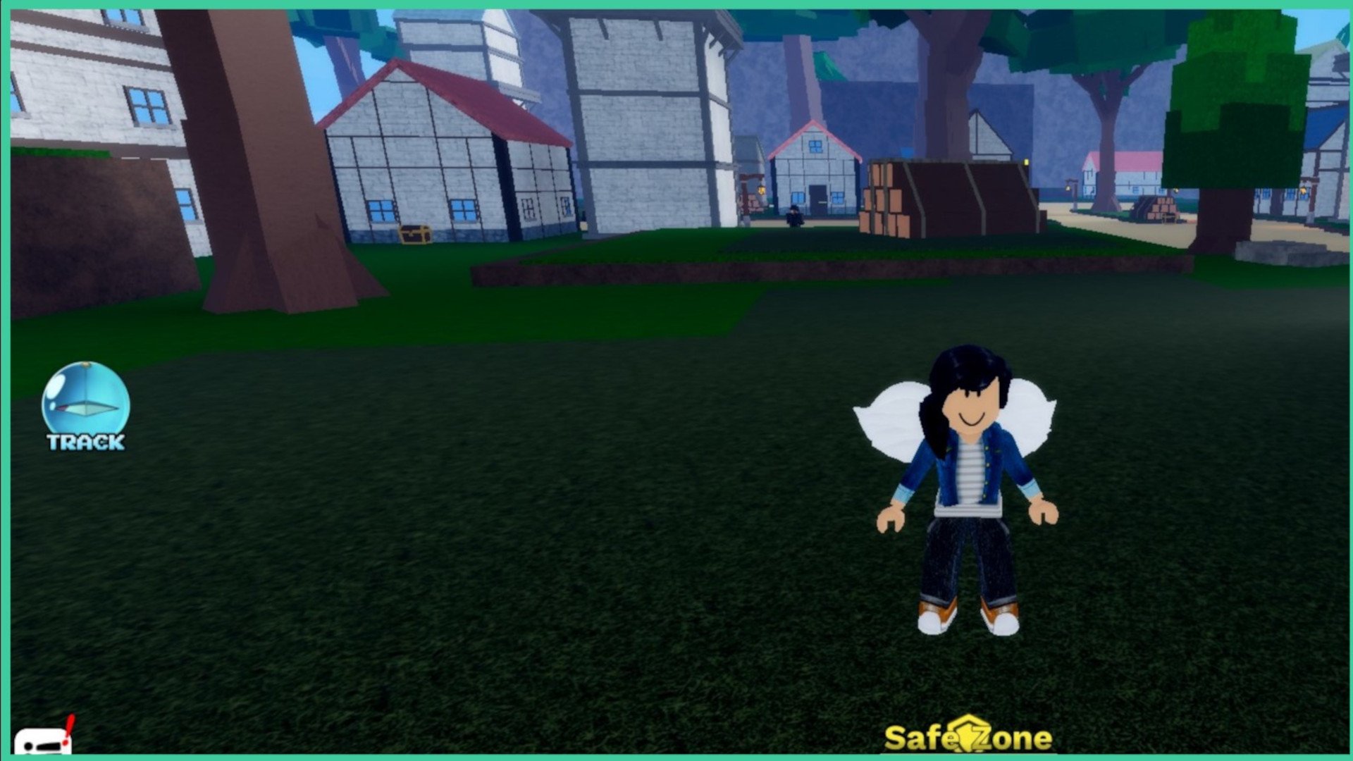 Feature image for a Demon Piece Map guide. Image shows a screenshot from Roblox, with a female Roblox character who has wings, standing on grass with buildings behind her.