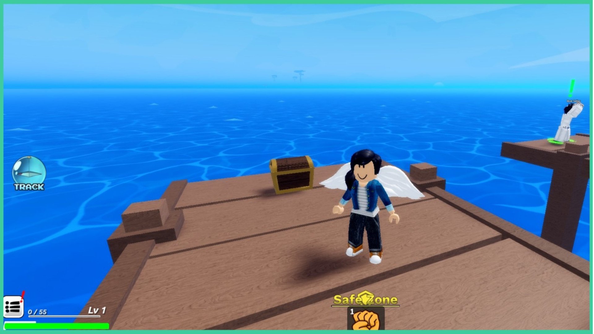 Feature image for our Demon Piece Weapons post. Image shows a Roblox character with wings standing on a pier, with the ocean in the background.