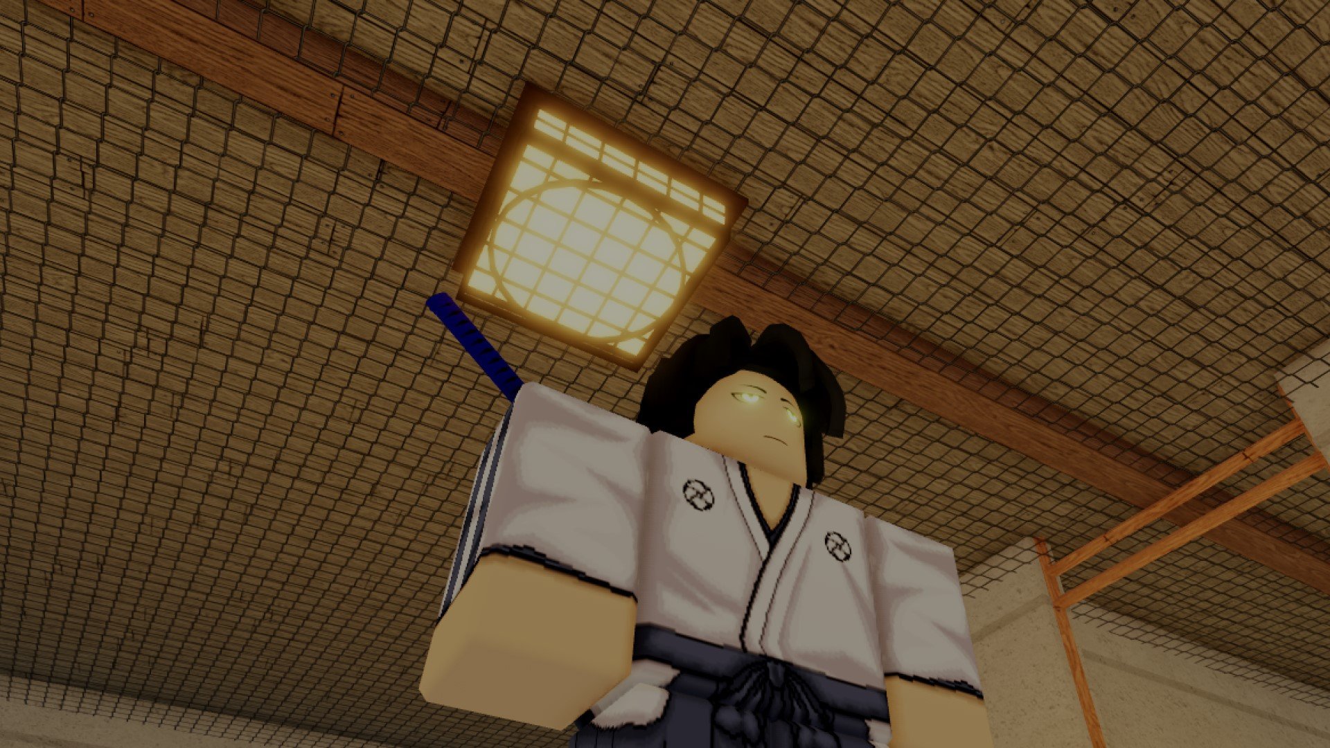 A character from Roblox game Type Soul standing under a ceiling light in a wooden building.