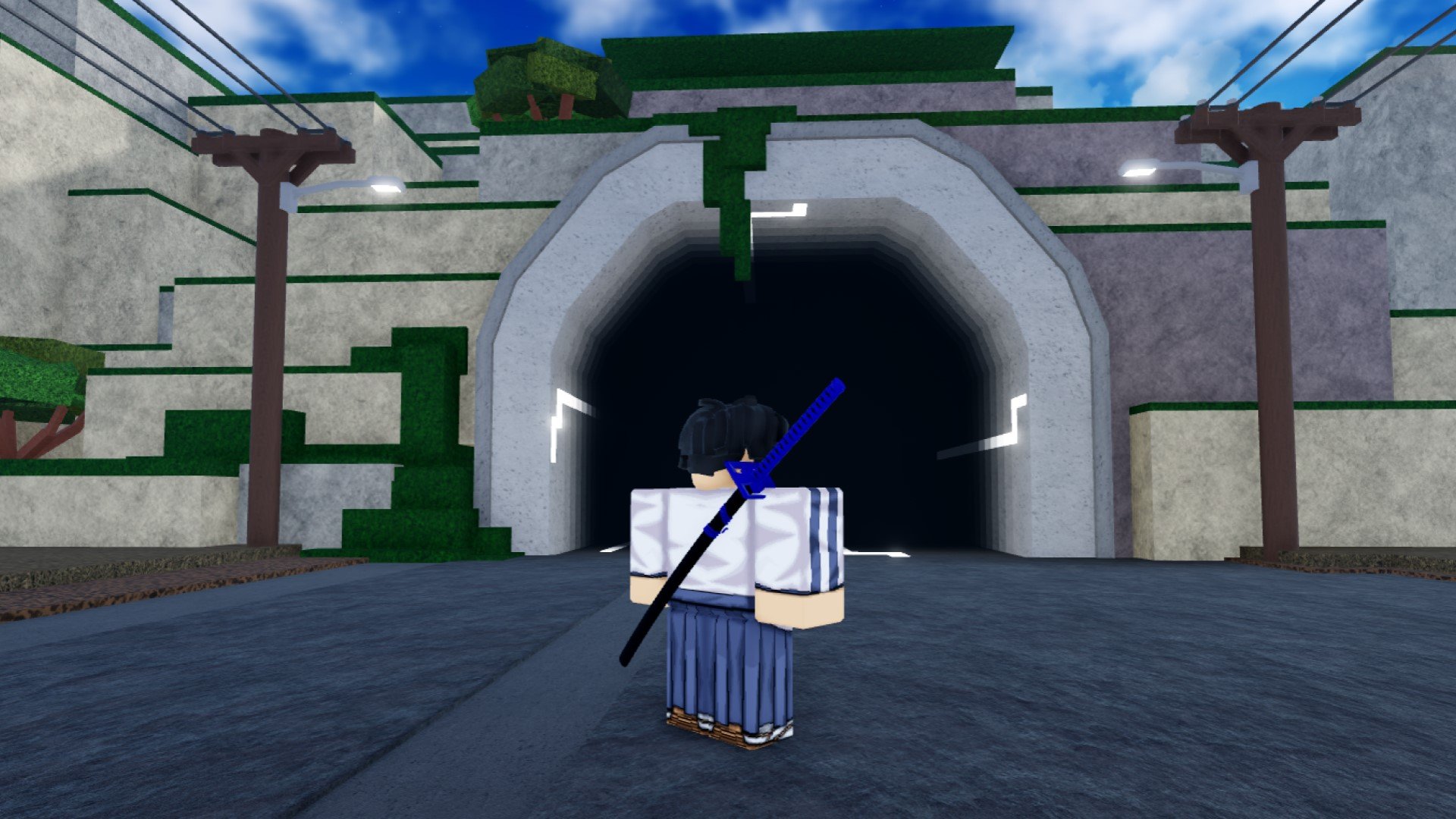 A character from Roblox game Type Soul standing in front of a dark tunnel.