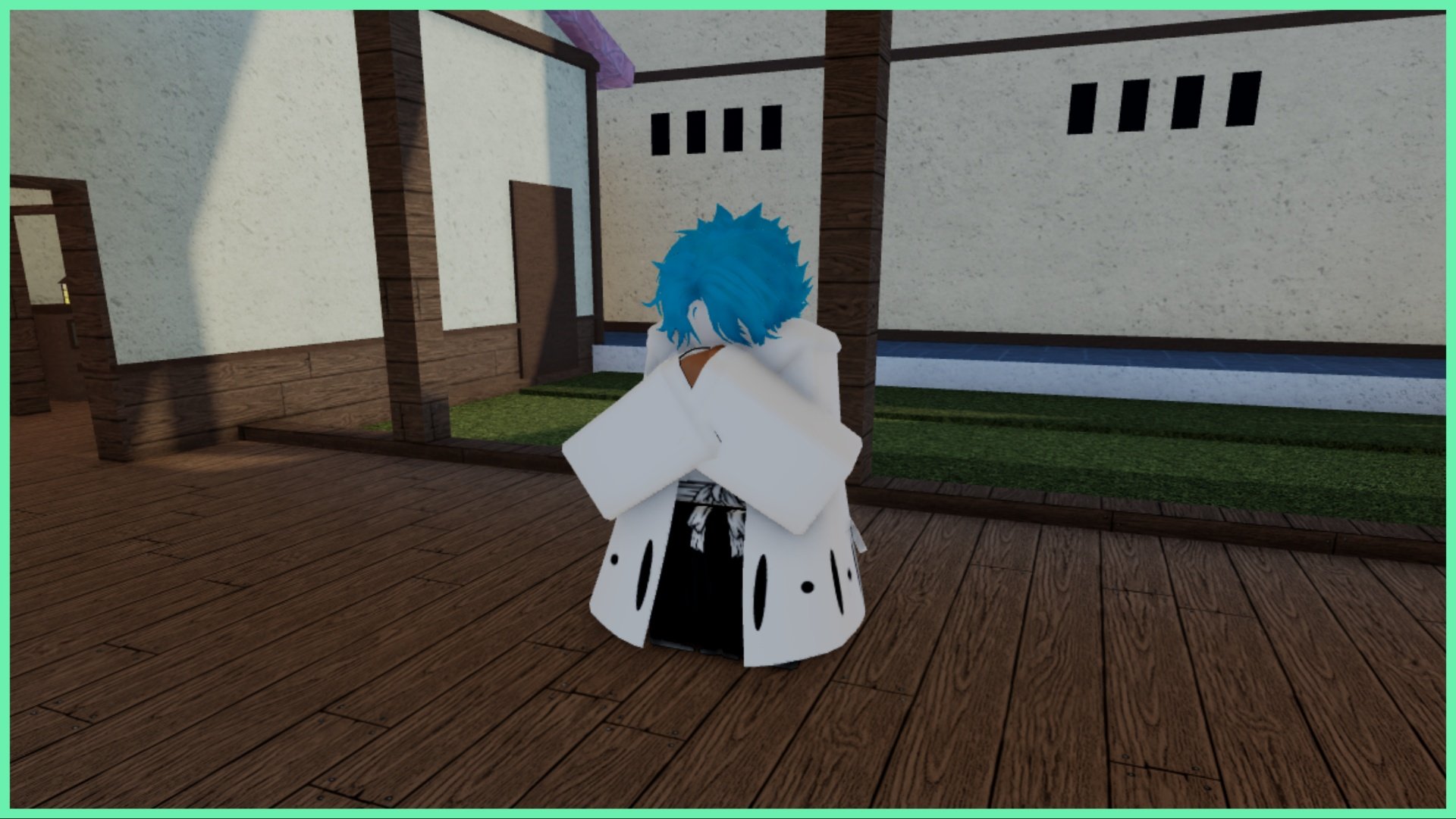 The image shows a blue haired NPC who is hiding his face behind his hands. He is wearing a long white cloak and is stook on a wooden platform connecting two houses with more homes in the background of him
