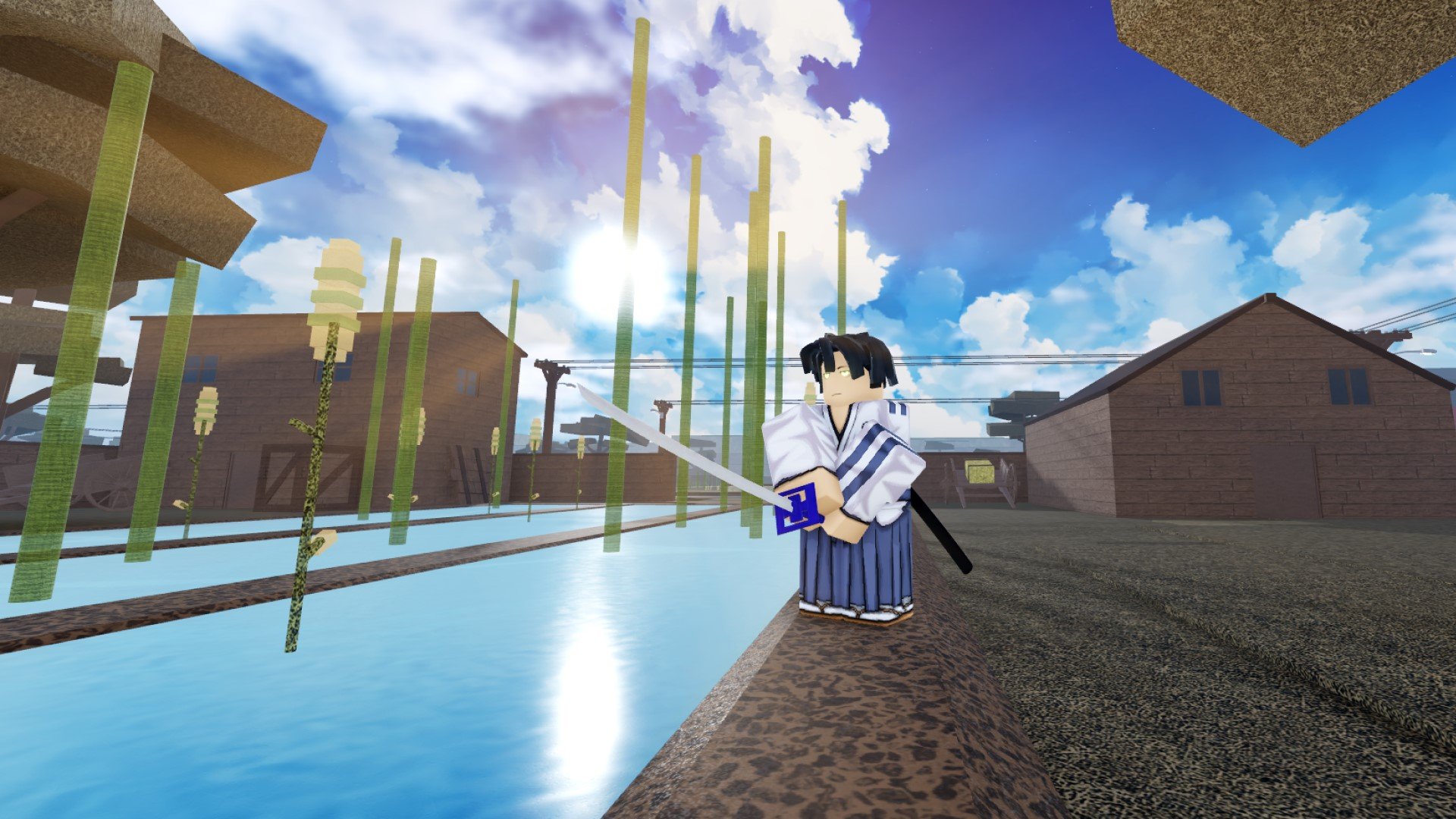 A character from Roblox game Type Soul standing by a bamboo grove. They're wielding a katana, and the sun is shining down in the background.