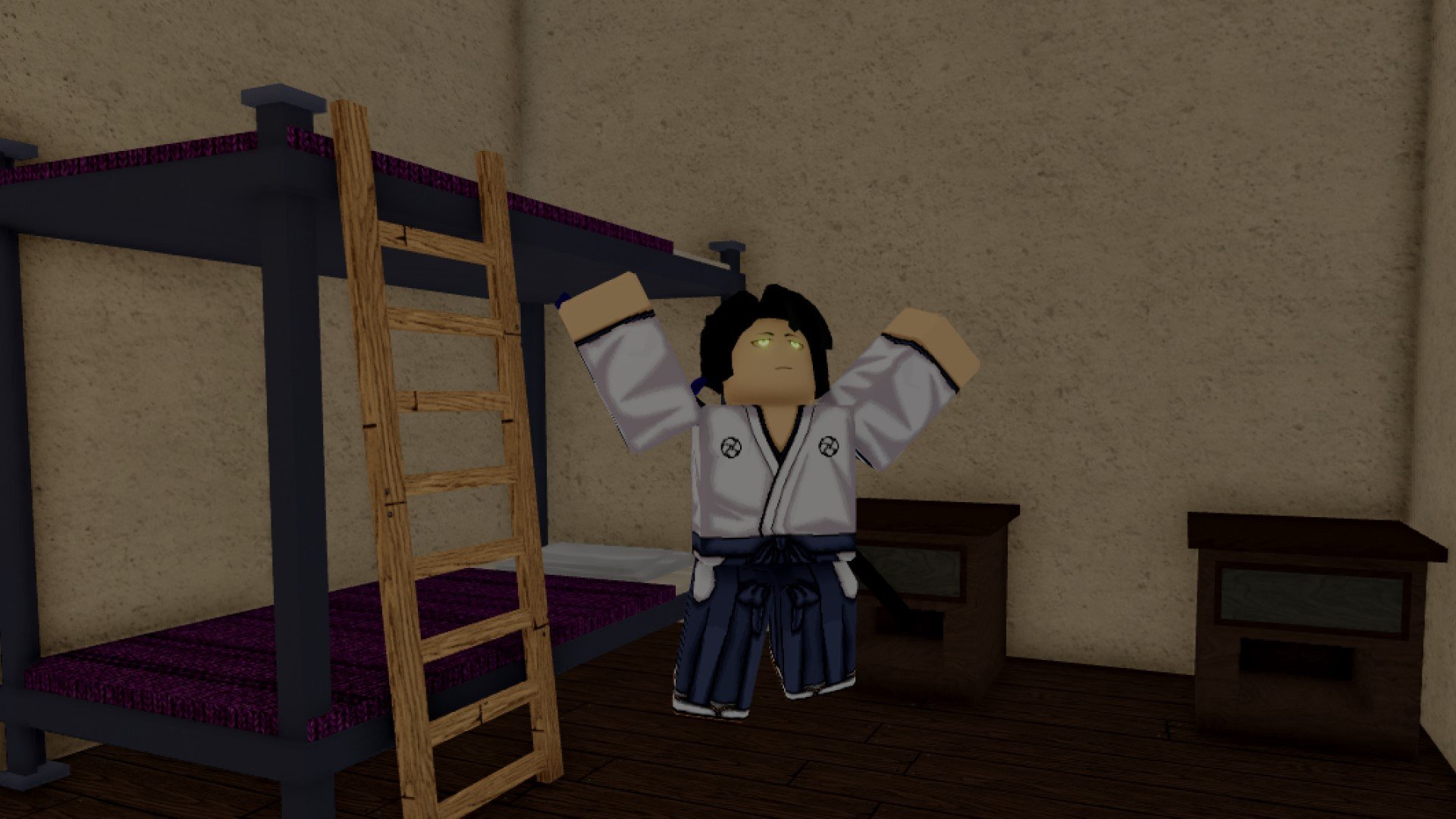 A character from Roblox game Type Soul performing the 'Cheer' Emote in front of a set of bunk beds.