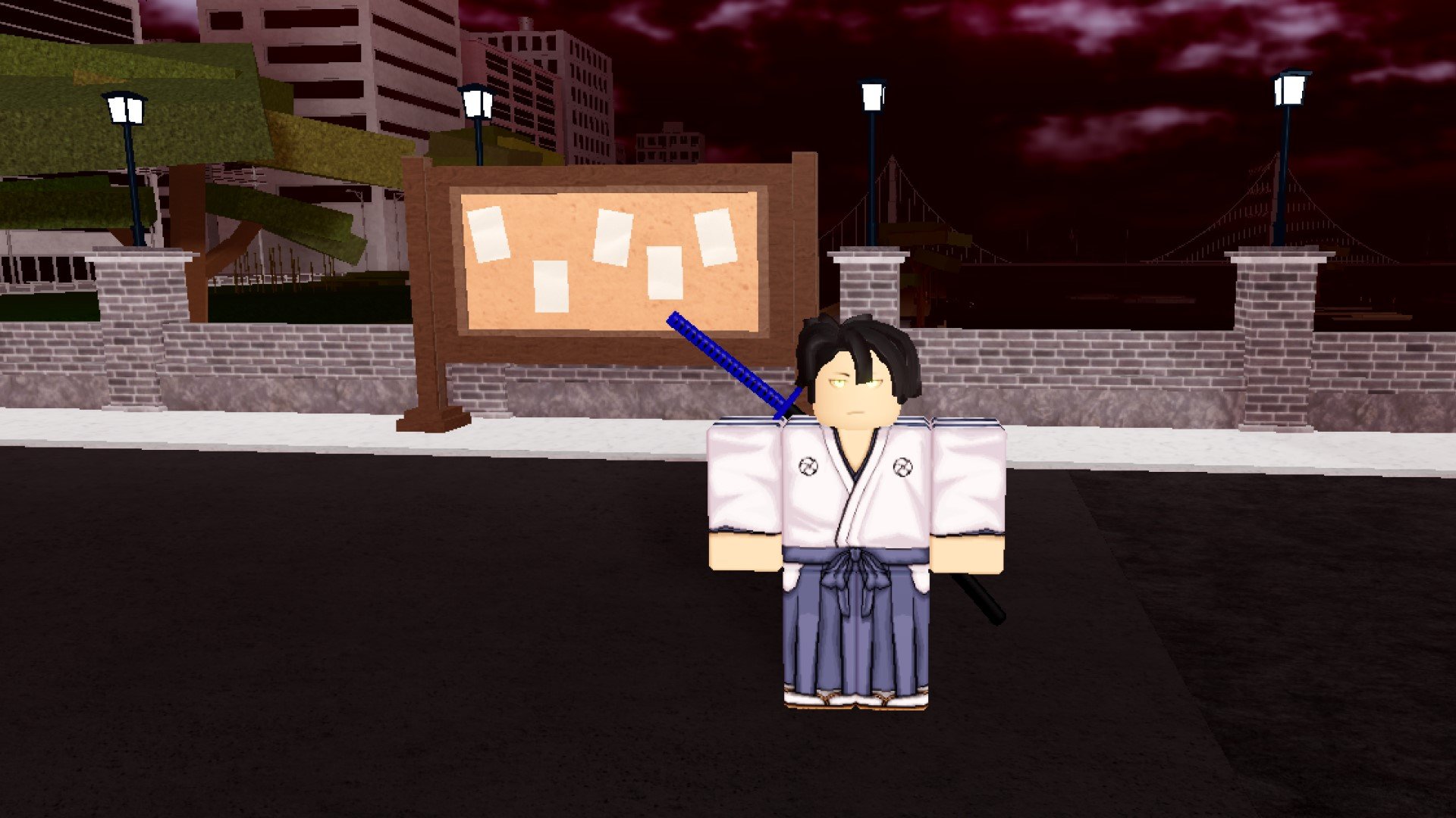 A character from Roblox game Type Soul standing in front of a notice board in an urban area.