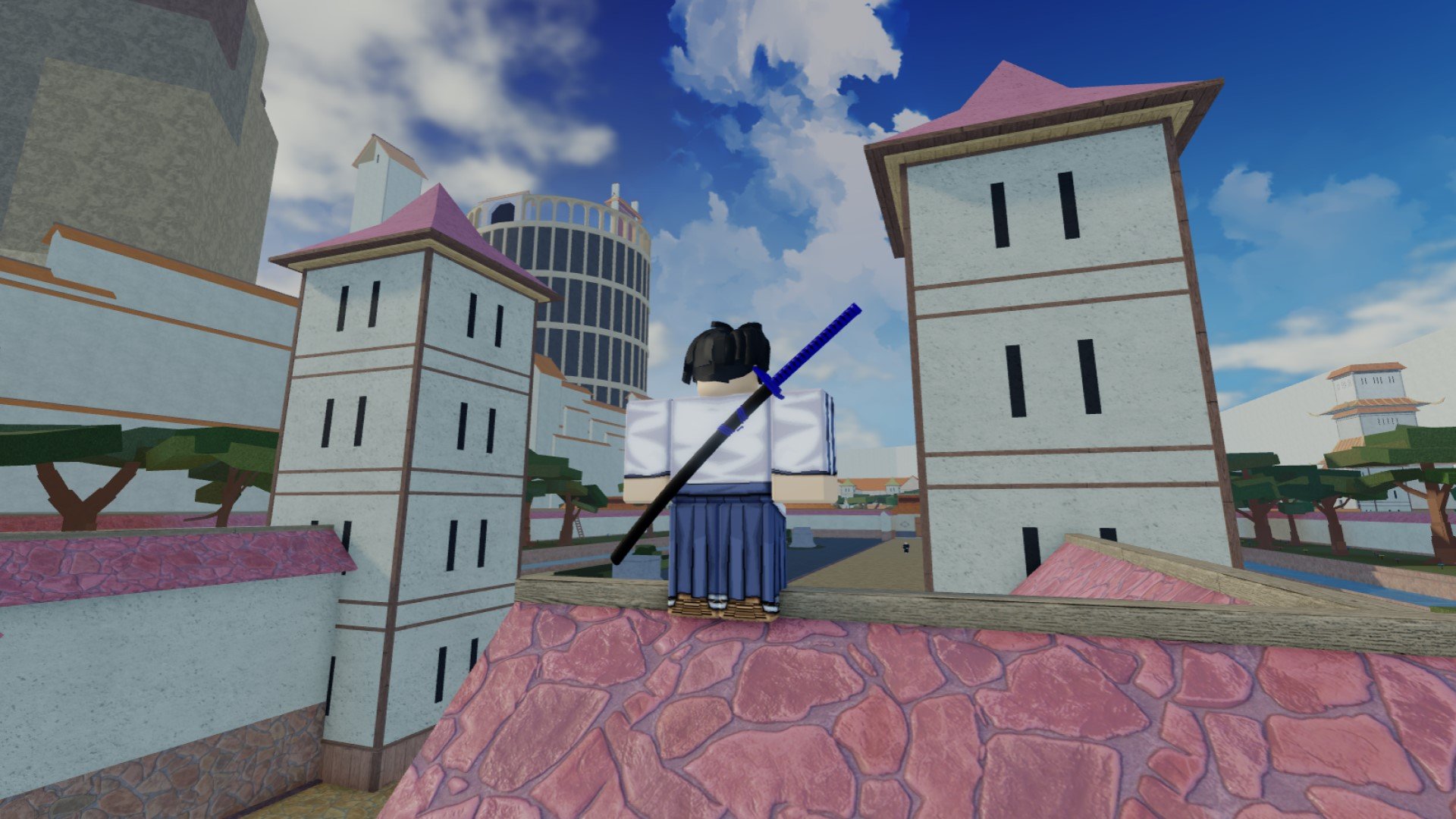 A character from Roblox game Type Soul standing on a rooftop in the Soul Society.