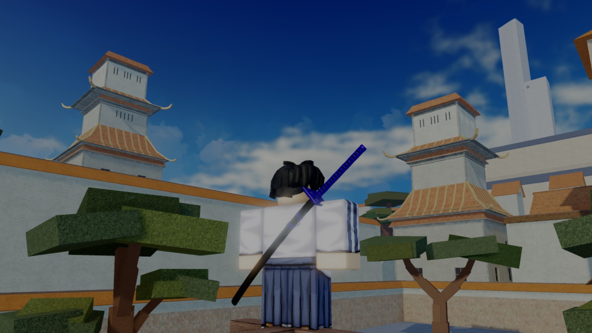 A character from Roblox game Type Soul looking out over a series of buildings and trees.
