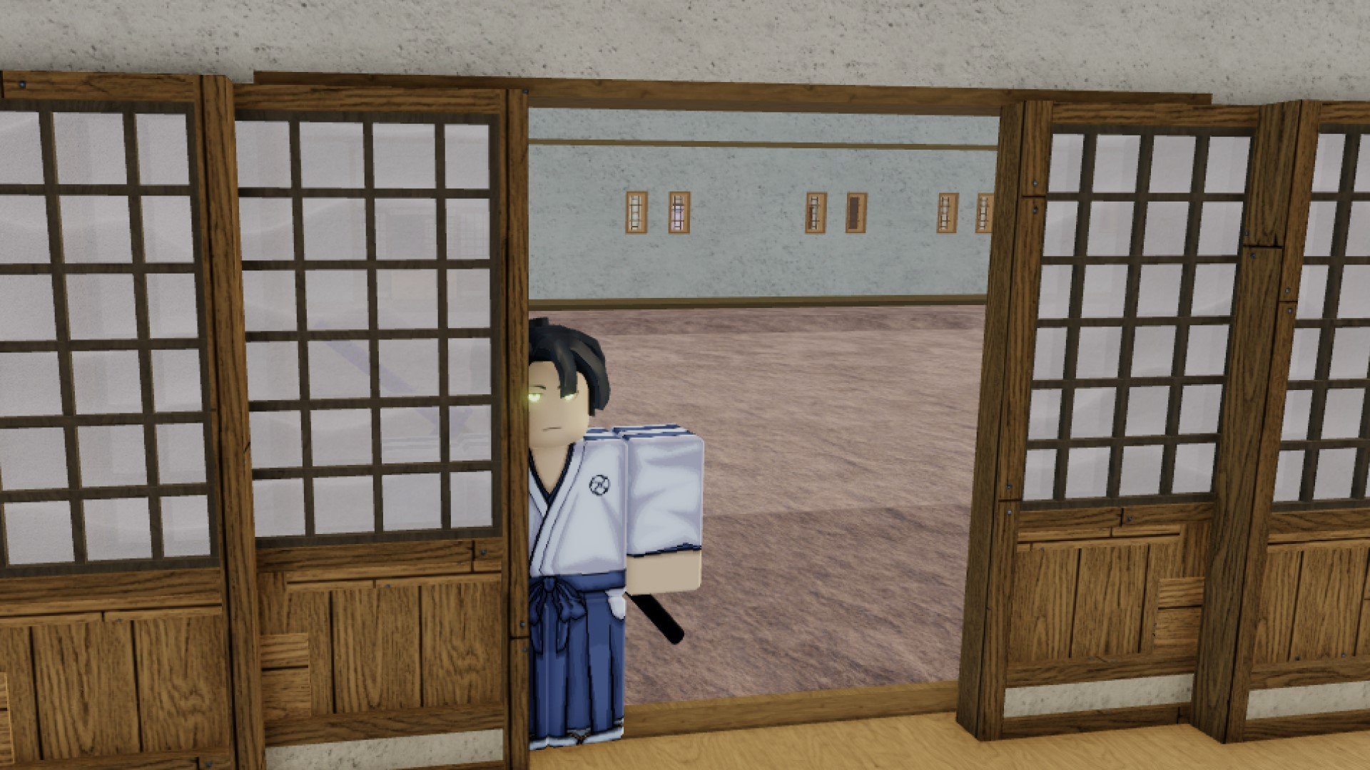 A character from Roblox game Type Soul standing in an open doorway.