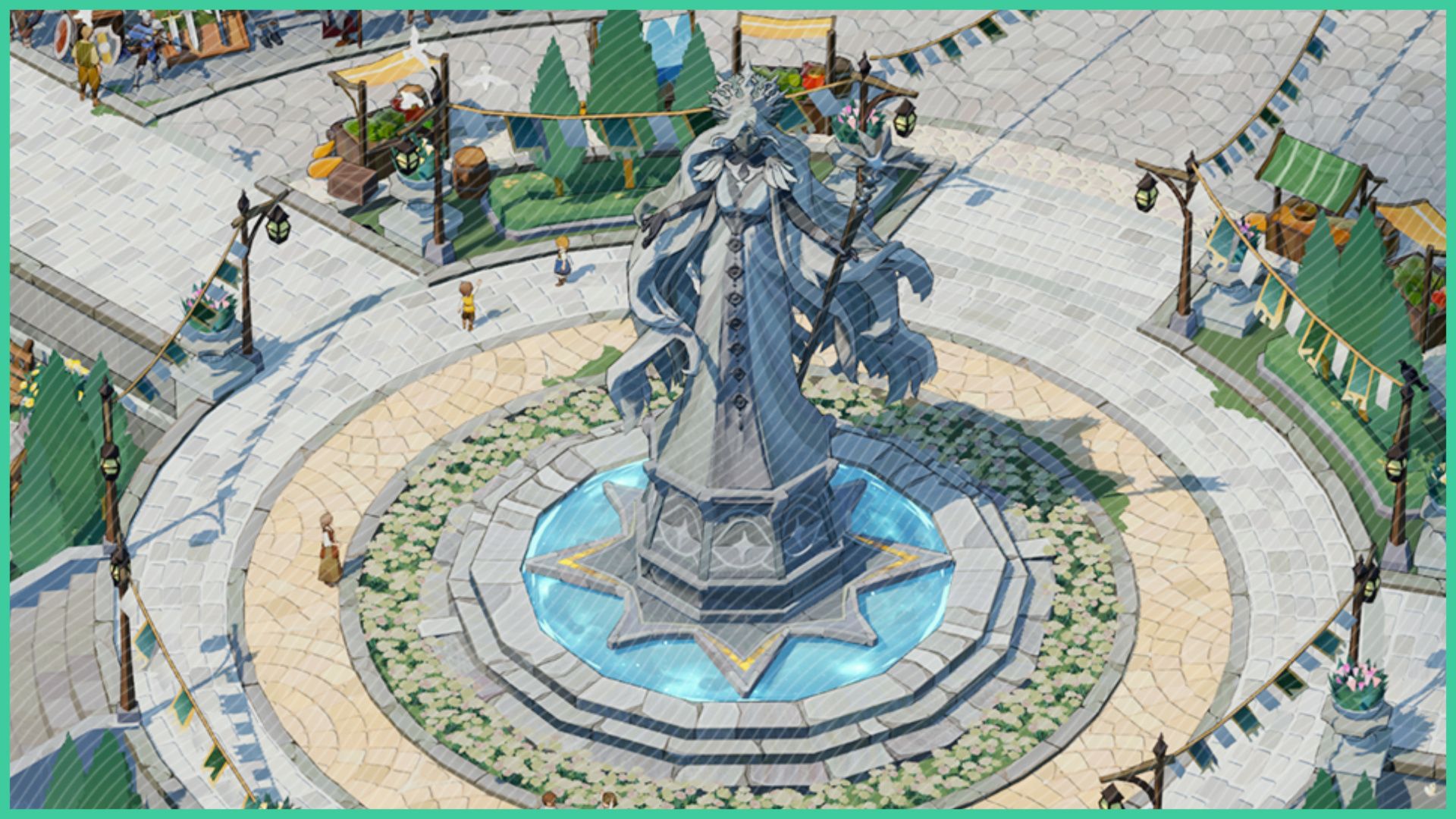 feature image for our afk journey best teams guide, the image is a screenshot of the center of holistone from the game, of the large stone statue of a woman surrounded by the water in the fountain, there are product stalls and trees circling the stone pavement as well as residents going about their day