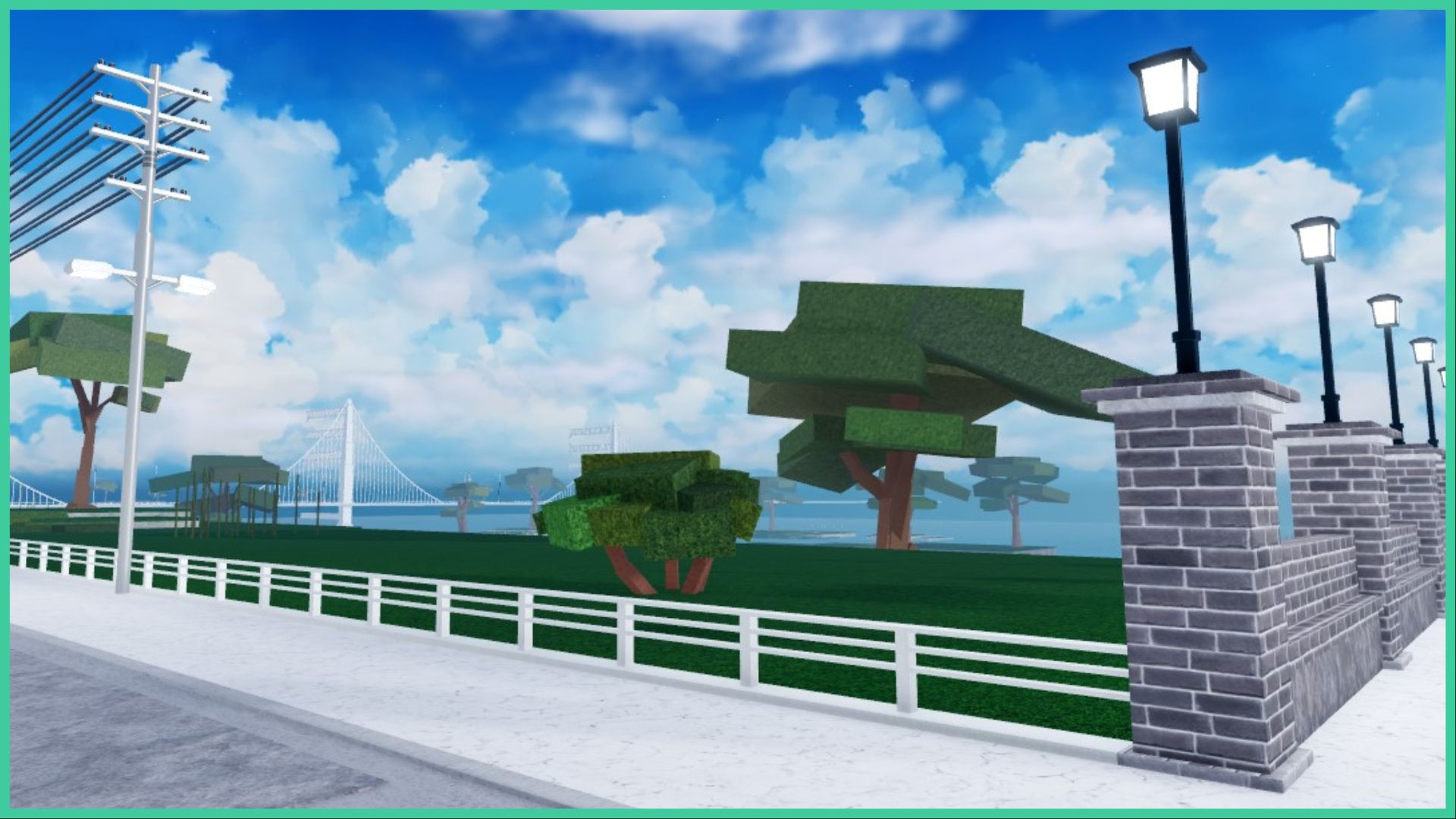 feature image for our all grades in type soul guide, it's a screenshot of karakura town, with the bridge in the distance that stretches over the water, multiple trees dotted around, a metal fence sectioning off a patch of grass, with a utility pole, and a stone fence to the right with lamps on the top of each peak