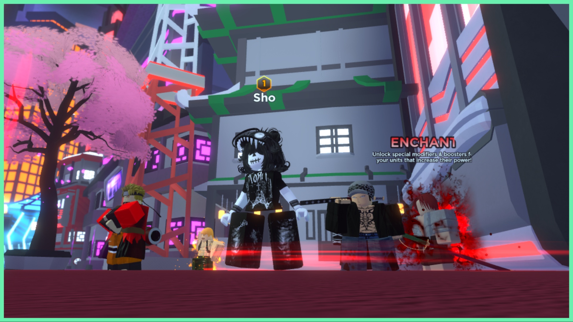 The image shows my avatar stood beside the enchant station at the main lobby. The lobby has a futuristic aesthetic with many LED screens and cyberpunk-vibes. Surrounding my avatar are her 4 units, and behind her is the Shanks NPC who has his iconic red hair and electrifying red wispy aura