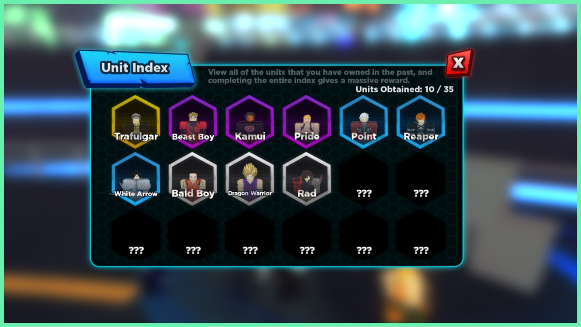 The image shows the index popup from within the game which showcases icons of each unit collected so far against a dark black tech-style background.