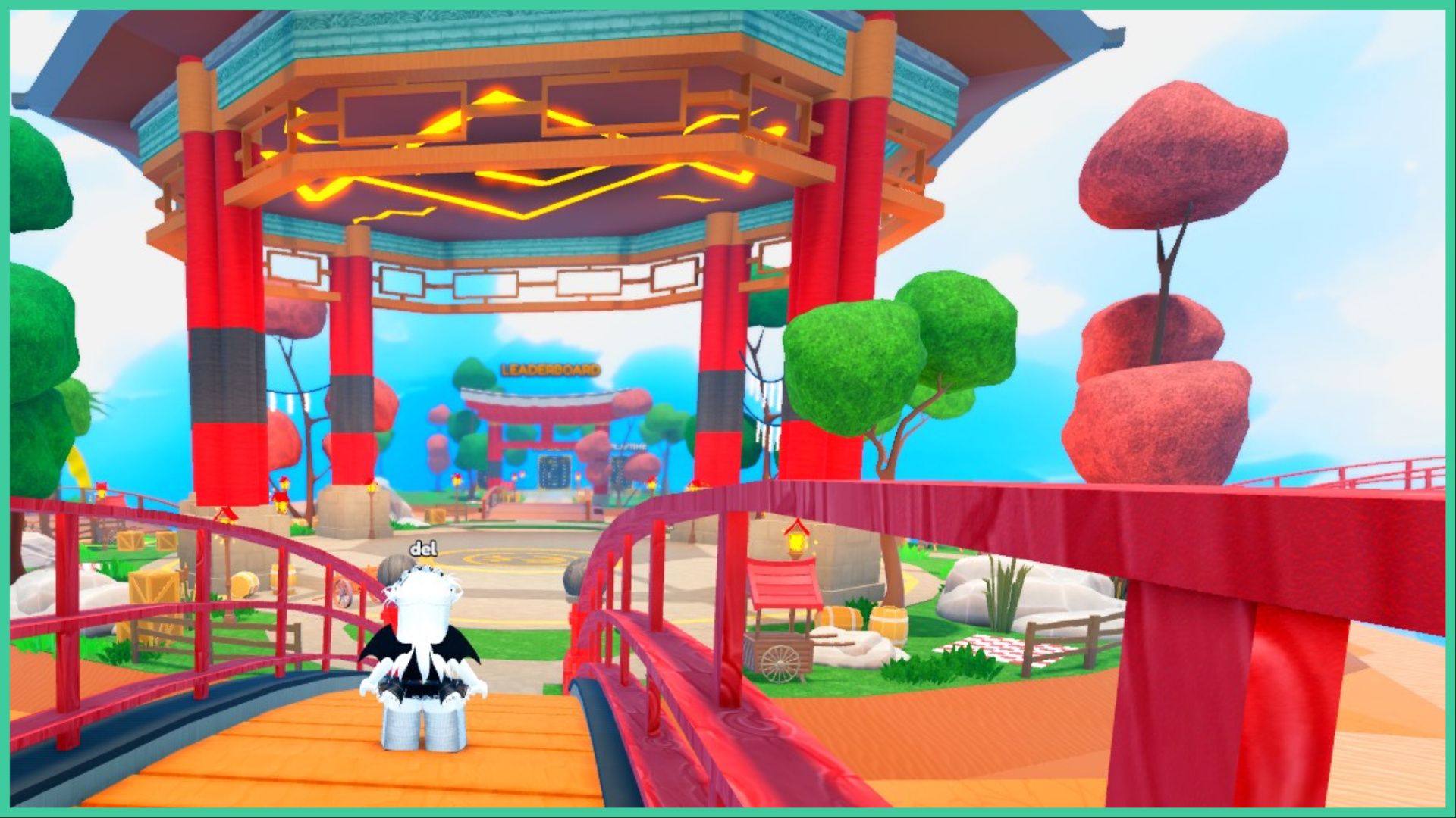 feature image for our anime islands codes guide, the screenshot is of the game's lobby as a robox player stands on a wooden bridge facing a large pagoda with green and orange trees sprinkled around it, as well as rocks, grass, wooden barrels and boxes, there is a tori gate in the distance as clouds float by in the blue sky