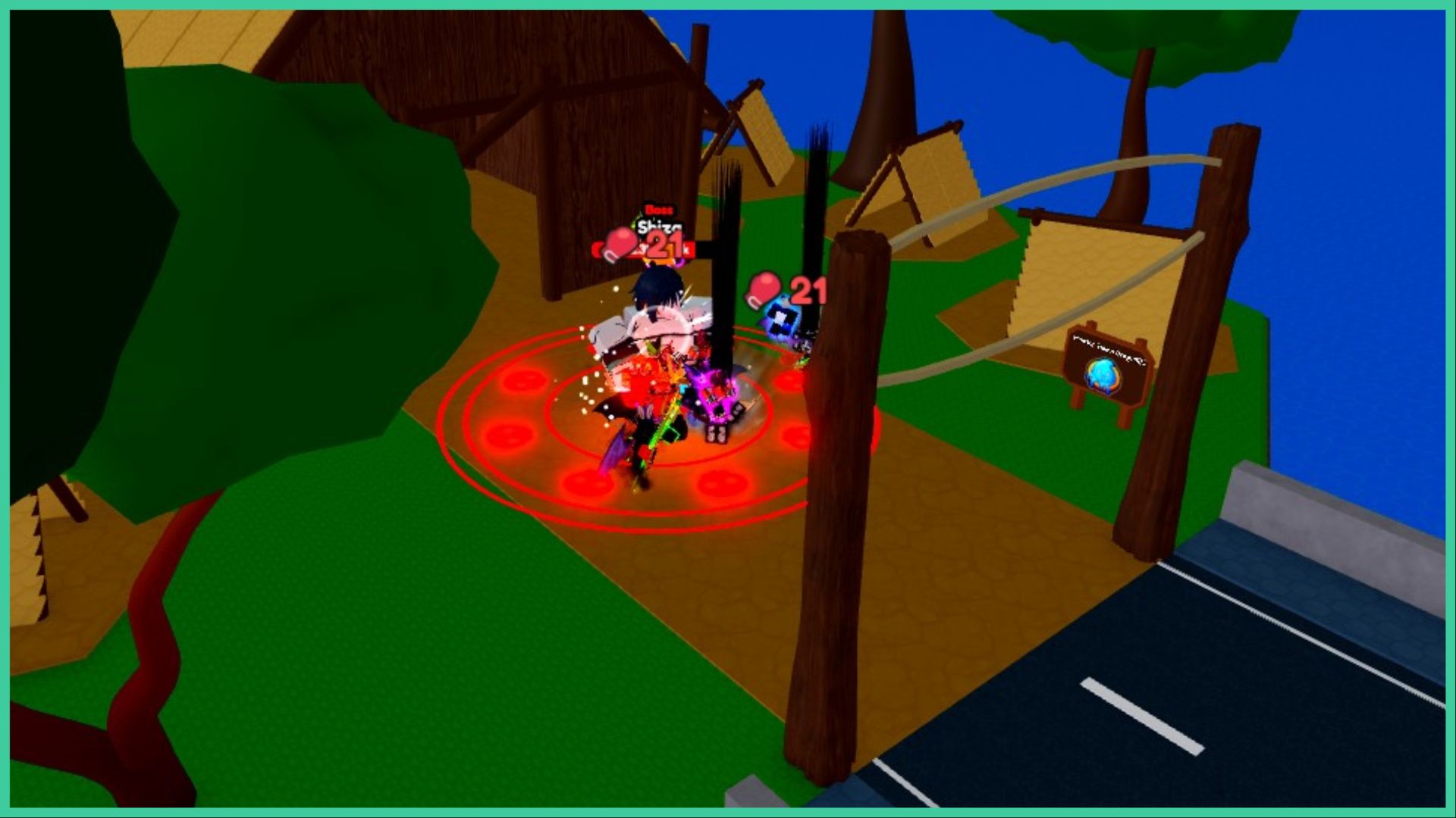 feature image for our anime rarities mentors guide, it's a screenshot of the shiza boss at slime village as a group of players battle him with a red circle around him on the ground, there are various tets, a wooden building, and a wooden sign with a drawing of a slime on it